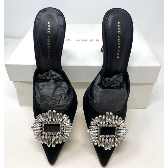 Good American Jeweled Satin Slipper Mules Heels In Black Size 9 NEW - Picture 8 of 15